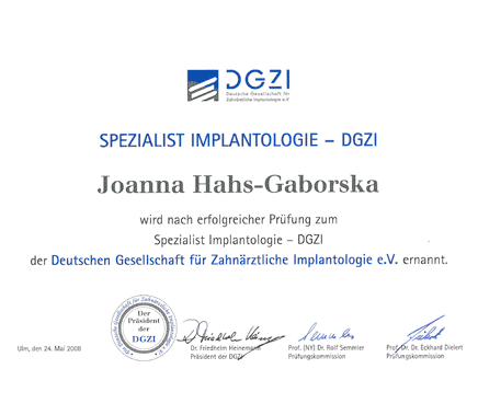 Spezialist Implantologie DGZI  Joanna Hahs-Gaborska